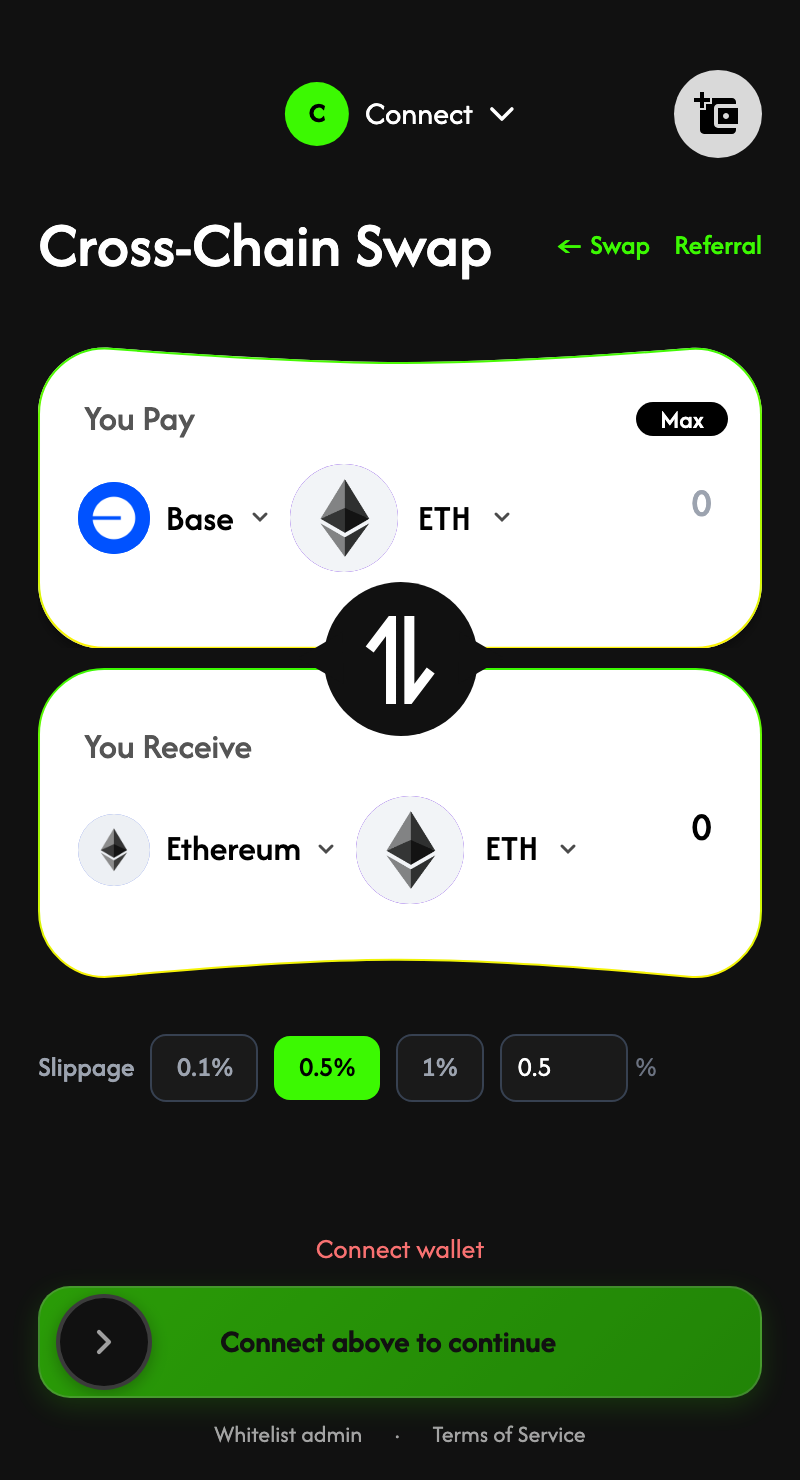 The Cross-chain screen of the MangoSwap app
